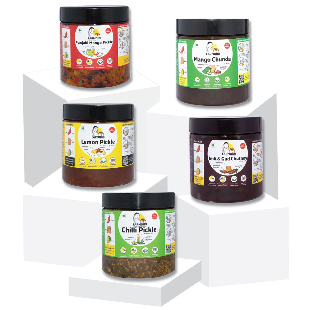 
                  
                    Khatta-Meetha pickle combo, Farmdidi, 5 pack, 325g each
                  
                