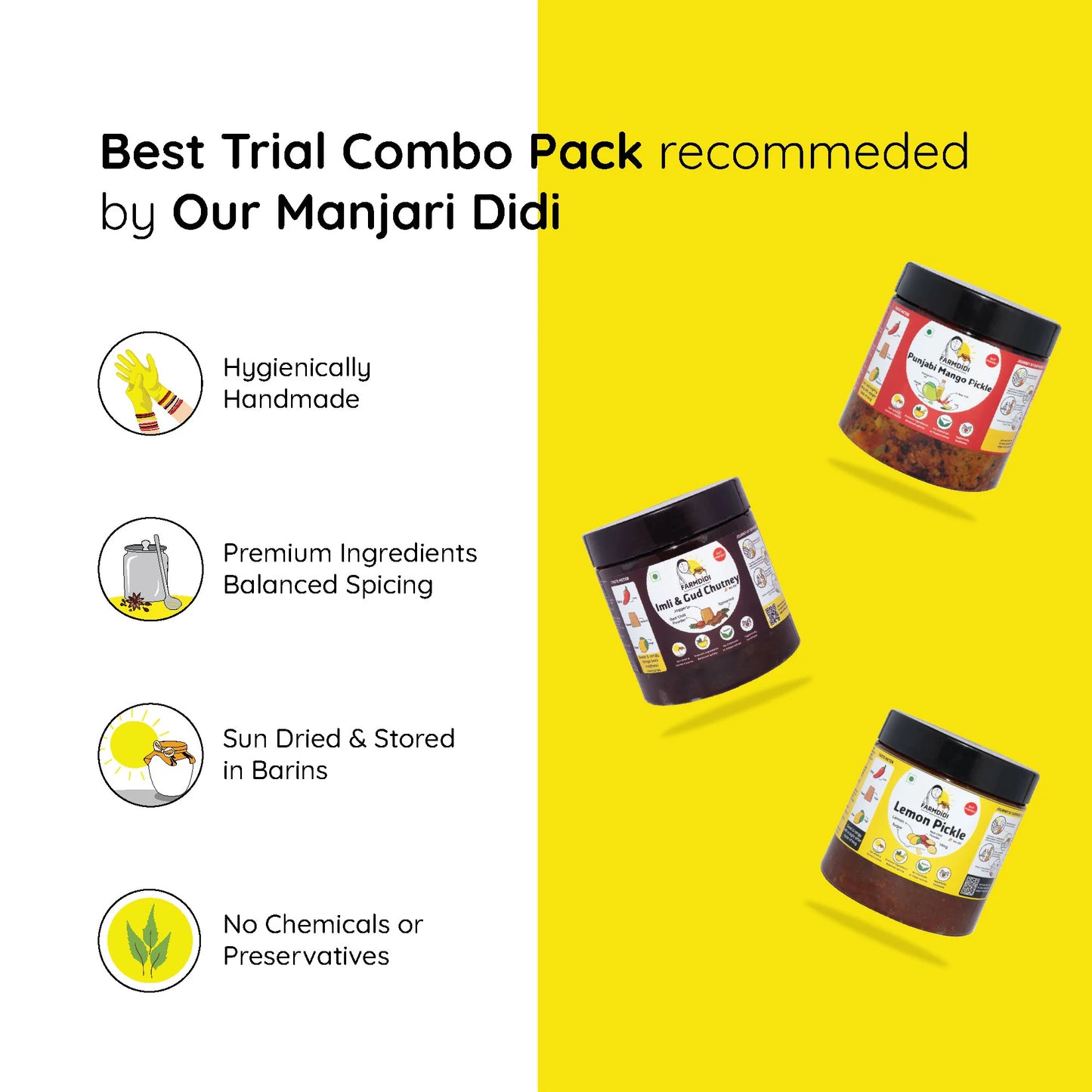 
                  
                    Best seller pickle trial combo, Farmdidi, 3 pack, 325g each
                  
                